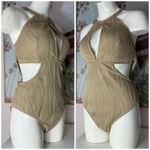 Tan Beige Textured Halter Cut Out One Piece Swimsuit Plus Size 2XL Photo 7