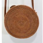 Handcrafted in Vietnam Boho Rattan Wicker and Leather 8" Crossbody Round Bag NWT Brown Photo 5