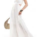 NWOT Ruffle Trim Tie Back Dress White Size L Photo 0