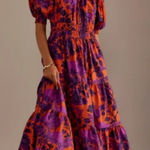 Anthropologie  The Somerset Puff-Sleeve Maxi Dress Floral Orange Purple Small Photo 0