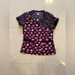 Betsey Johnson floral skull scrubs top sz XS medical pocket health Photo 9