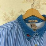 Vintage 90s blue striped denim fall pumpkin patch teddy bear button up shirt Size XXL Photo 5