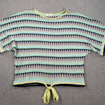 Fate Short Sleeve Tie Waist Knit Top Women's Medium Blue Green Stripe Linen Blen Photo 0