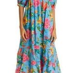 Farm Rio Womens Dress Toucans Garden Midi Puff Sleeve Cut-Out Floral Blue Size S Photo 0