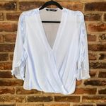 ZARA  Baby Blue 3/4 Ruffled Sleeve Faux Wrap Surplice Blouse Women's Size XS Photo 0