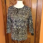 Vintage Safari Knit Top | Zebra Leopard Animal Print Long Sleeve Tan Size M Photo 3