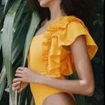 ZARA women’s Large Ruffle swimsuit Bikini One Piece One Shoulder Off Shoulder Dark yellow Photo 2
