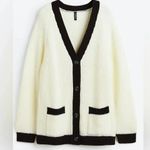 H&M ribbed knit cardigan button down vneck contrast trim cream black preppy Photo 5