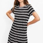 Loft  Black Knit Striped Short Sleeve Tiered Mini Dress, Petite Medium Photo 0