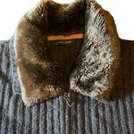 Roberto Collina Large Navy Rib Knit Zip Up Sweater Removable Fur Collar Grandma Blue Photo 2