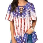 Patriotic red white and blue!! Cute flared hem lace up neck Size M Photo 0