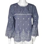 J. Crew Shirt Women Small Blue White Stripe Embroidered Bell Sleeve‎ Boho Preppy Photo 0