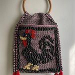 Vintage Large Woven Rooster Tote Market Bag Portugal Bamboo Handle Tufted Pink Photo 3