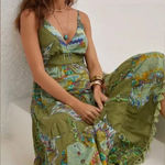 BAROK | Anthropologie Green Floral Beaded Tiered Maxi Dress Tassel Fringe Small Photo 0