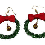 Christmas Wreath Bell Bow Earrings Glitter Dangle Earrings Sparkly Holiday NEW Green Photo 0