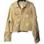 POL NWT  Womens Medium Beige Cropped Denim Jacket Pocket Pearl Flower Raw Hem Photo 0