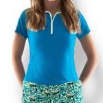 Liz Golf Polo Shirt Turquoise Blue Short Sleeve Zip Front Sport Top Size Large Photo 0