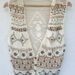 Vintage Crochet Beaded Knit Vest Women's Size Small Boho Western Cowgirl Tan Photo 0