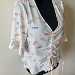 Elodie  Cream Peplum Bell Sleeve Eyeglasses Motif Blouse Size L Photo 0