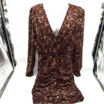 Sage Save The Label Aura Beige/Brown Base Abstract Print Ruched Long Sleeve Dress-M Photo 4