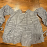 Romeo + Juliet Couture Romeo and Juliet couture off the shoulder pin stripe ruffle sweetheart neck SM Photo 0