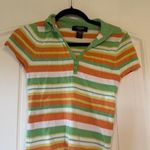 EXPRESS  Stretch Striped Polo Shirt Green Orange White Yellow Size S Photo 2
