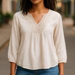 IZOD Vintage Ivory Cream Bohemian Cotton Embroidered Peasant Blouse ~ Top SMALL Photo 0