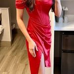 Red Satin Corset Side Slit Midi Dress Size M Size M Photo 0