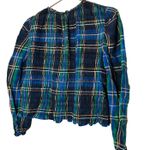 Tanya Taylor Blue Green Plaid Smocked Keyhole Back Long Sleeve Crop Top Size S Photo 3