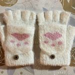 White and Pink Cozy Fingerless Gloves with Paw Print Photo 0