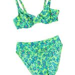 VINTAGE 90s SUNSETS Neon Floral Bikini Set Green Size L Photo 0