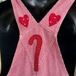 Vintage Scrap Work Overalls Red Trim Candy Cane & Heart Patchwork Farmhouse L Size L Photo 3