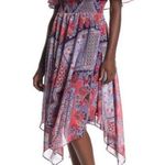 Rabbit Rabbit Rabbit Short Sleeve Fit & Flare MIDI Printed Dress Red Blue Size 10 Photo 0