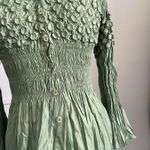 Jerry T Y2K Crinkle Bubble Popcorn Top Shirt Sage Green Smocked Peplum Flare S Photo 2