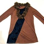 Brown Faux Fur Sweater Top with Paisley Accent Size M Photo 0