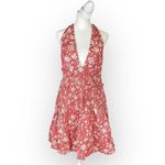 J.Crew  Mini Dress Women's Large Pink White Floral Smocked Halter Ruffle V-Neck Photo 2