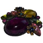 Colorful Floral Glass Cabochon Jelly Belly Black Japanned Vintage Pin/Brooch Black Photo 3