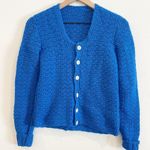 Handmade Handknit Cardigan Women Blue Button Up Crocheted Cottagecore Cute Grannycore Med Photo 0