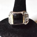 Source Unknown Graphic Etched Silver Tone Metal Band Black Square Beveled Stone Size 10.5 Ring Photo 0
