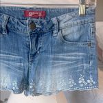 Forever 21 Low Rise Blue Denim Shorts with White Embroidery Photo 2