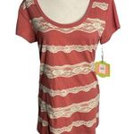 Down East Lace Striped T Shirt Top M Dusty Pink Short Sleeve Scoop Neck NEW Photo 0
