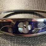 Vintage Silver Hinged Bangle Bracelet With Purple & White Floral Inlay Design Photo 0