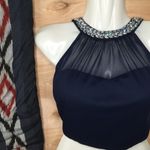 Speechless Embellished Navy Sweetheart Cutout Mesh Crop Top Photo 1