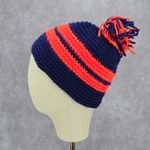 Blue Orange Stripe Pom Pom Crochet Knit Bucket Cap Hat Fun VTG Y2K Funky Beanie Photo 2