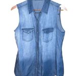 None Chambray sleeveless snap front tank with pockets women’s size medium Photo 0