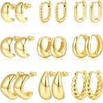 9 Pairs Chunky Hoop Earrings Set, 14K Gold Hoop Earrings for Women Hypoallergenic, Thick Open Twisted Huggie Gold Hoops Earring Gold Jewelry Set for Women Gifts Photo 0