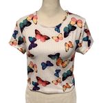 Butterfly Print Women's Crop Top, Pretty Lace Up Back Size Small Yellow Photo 0