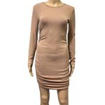 Ruched Side Tan Nude Ribbed Long Sleeve Mini Shirt Dress Womens Small Photo 2