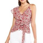 MISA Los Angeles MISA Floral Print Plunging Neck Asymmetrical Ruffle Wrap Tie Tank Blouse Red XS Photo 0