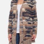 Lucky Brand  Tan Navy Fringe Hem Boho Aztec Open Front Cardigan Size Medium Photo 0